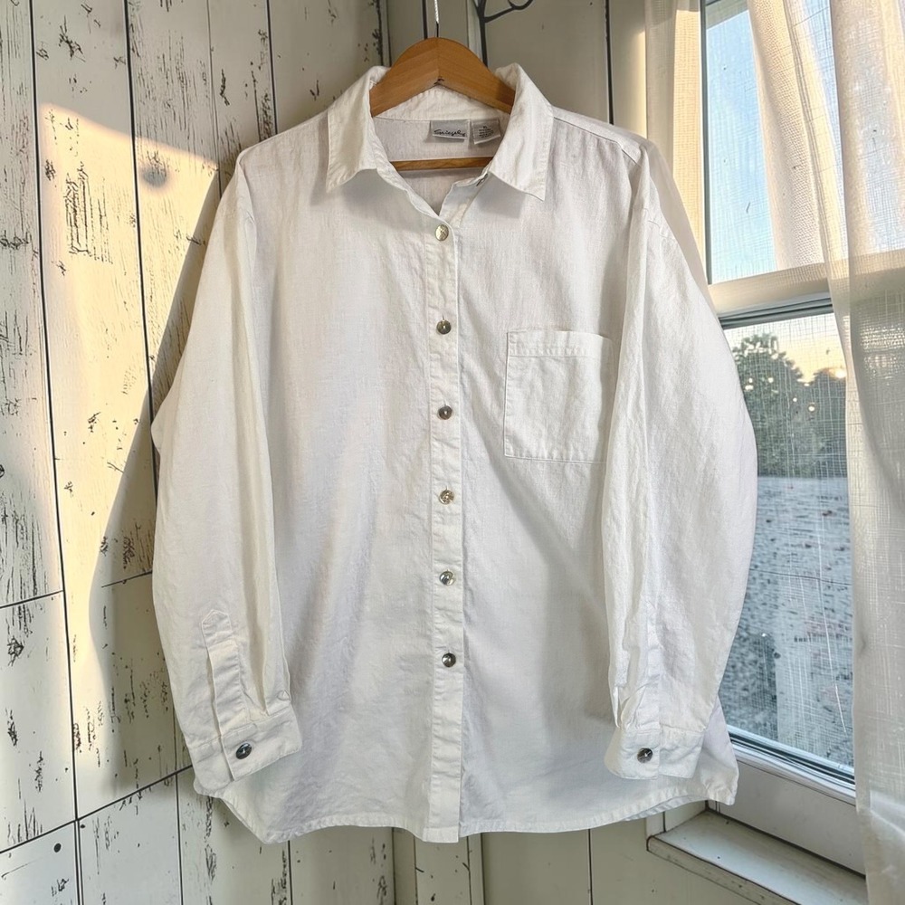 Vintage Button Down Spiegel XL White Linen Cotton Blend Shell Buttons Minimalist